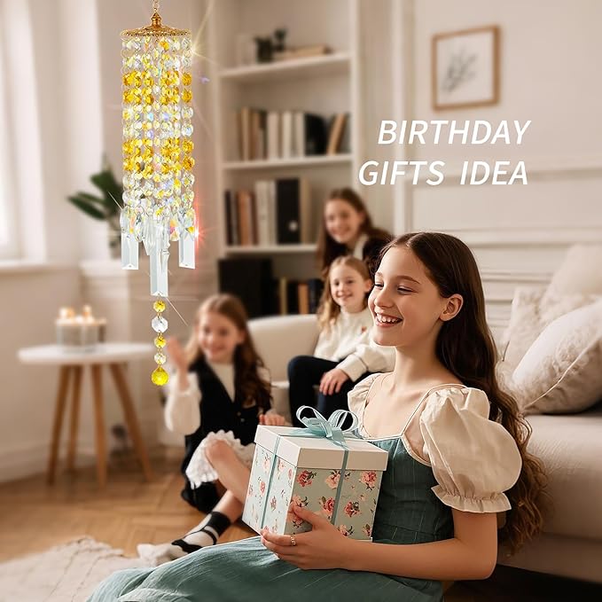 Crystal Wind Chimes for Outside with Rainbow Light Reflections Glass Bells and Rose Gold Alloy Hooks Indoor Outdoor Decor for Home Garden Patio Porch Birthday House Warming (Yellow)