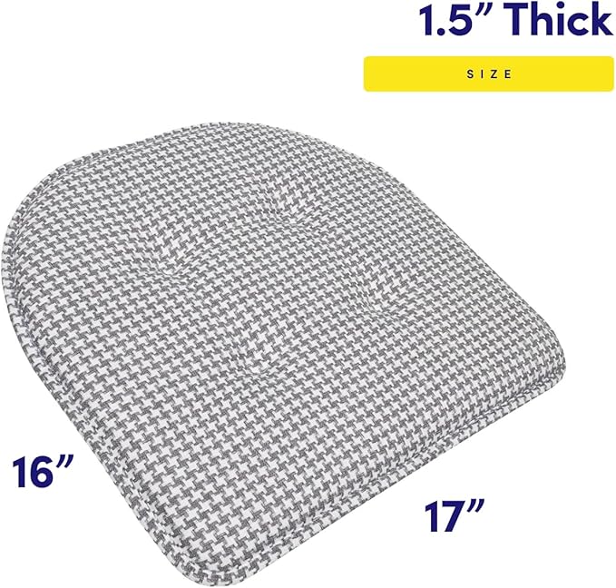 Sweet Home Collection Chair Cushion Memory Foam Pads Tufted Slip Non Skid Rubber Back U-Shaped 17" x 16" Seat Cover, 12 Count (Pack of 1), Houndsooth Gray