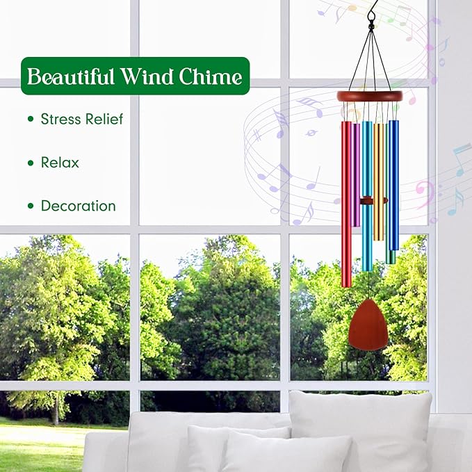 Leinuosen Wind Chimes for Outside Wind Chimes Outdoors Deep Tones 28" with 6 Aluminum Tubes Memorial Sympathy Windchime for Valentine Tree Decor Garden Courtyard Mom Loved One Gifts(Classic,Colorful)