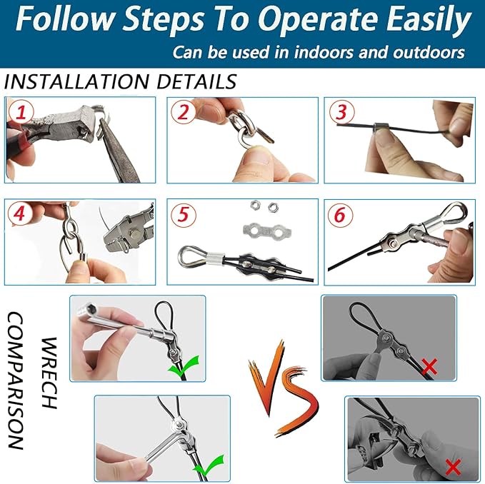 164FT Outdoor String Light Hanging Kit | Black Vinyl-Coated 304 Stainless Steel Wire Rope | Turnbuckles & Hooks | Rustproof Easy Install Set for Patio, Backyard, Garden