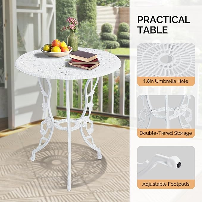 VINGLI 3 PCS Outdoor Bistro Set, Outdoor Patio Set, All-Weather Cast Aluminum Bistro Table Set, Bistro Table and Chairs Set of 2 for Backyard, Garden, Balcony (White, Rose)
