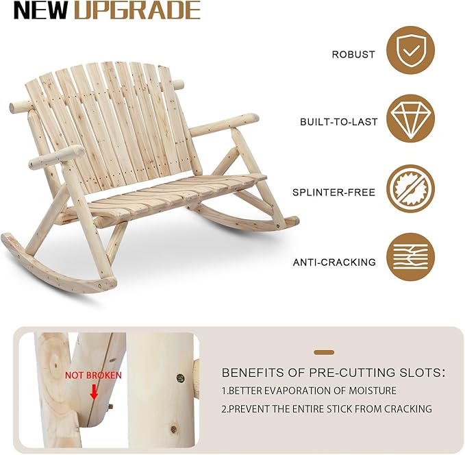 Outvita 2-Person Wood Rocking Chair, Fir Log Adirondack Rocker, Outdoor Wood Accent Furniture Lounge Chairs with Wide Curved Seats for Garden Patio Backyard Porch (Natural Finish)