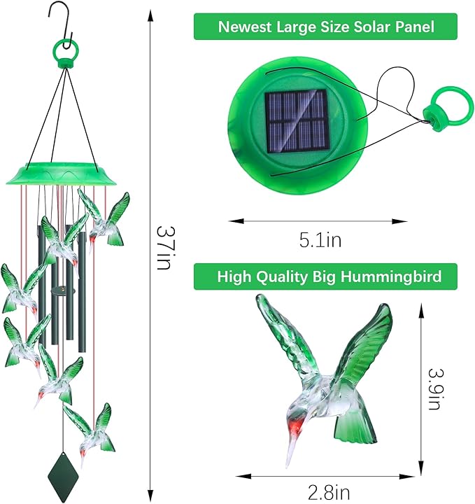 Solar Wind Chimes for Outside - 37" WANQDG 6 LED Hummingbird Color Changing Wind Chime with 4 Green Metal Tube, Music Wind Chimes Great as a Gift for Women mom Grandma Best Friends' Birthday Gift