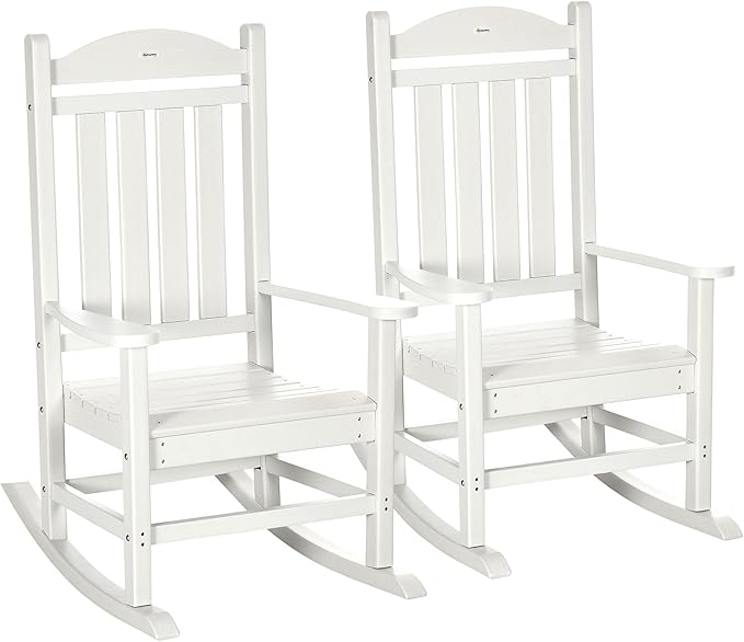 Outsunny 2 Pieces Outdoor Rocking Chair, All Weather-Resistant HDPE Rocking Patio Chairs with Rustic High Back, Armrests, Oversized Seat and Slatted Backrest, 350lbs Weight Capacity, White