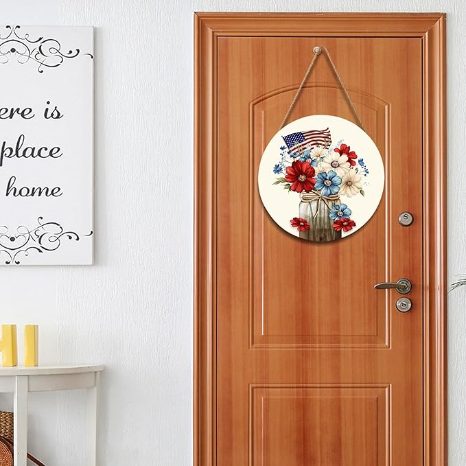 4th of July USA Flag Door Sign For Front Door Decor,Patriotic Mason Jar Red Blue White Flowers Memorial Day Wooden Sign 12"x 12" Round Hanging Door Sign Decoration for Wall Rustic Decor