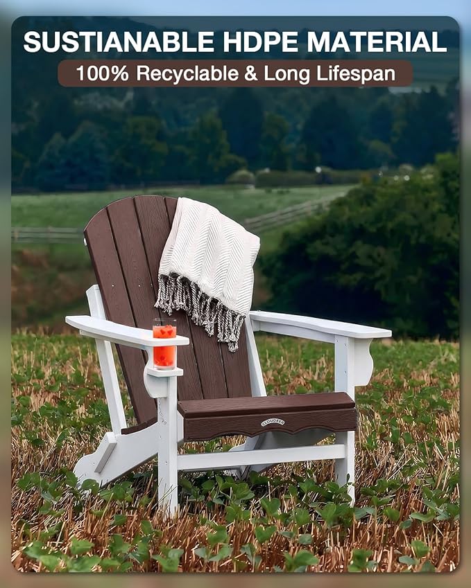 Folding Adirondack Chair –Recyclable HDPE Outdoor Adirondack Patio Chair with Cup Holder, Wood Texture & Umbrella Hole, 25-Year Fade-Free All Weather for Fire Pit, Porch, Poolside, Deck, Brown & White