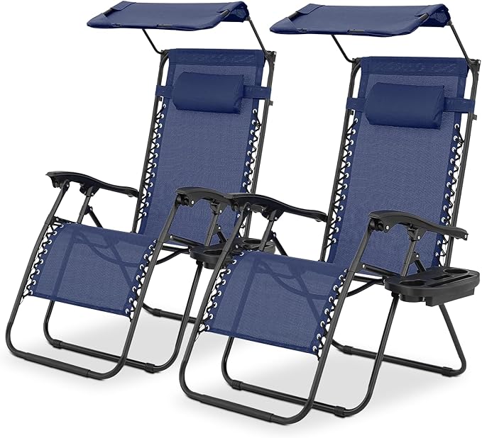 Magshion Zero Gravity Lounge Chairs with Canopy Set of 2, Outdoor Foldable Patio Reclining Chair, Adjustable Anti-Gravity Recliners with Headrest, Folding Lounger for Lawn Camping Beach, Navy Blue