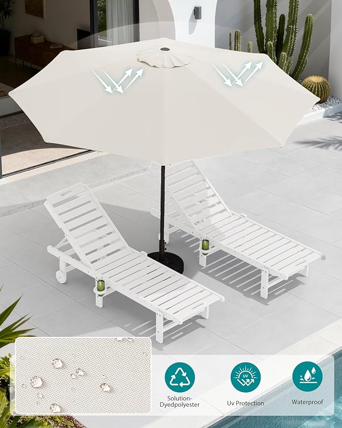 SERWALL Outdoor Chaise Lounge Set of 2 with 9FT Patio Umbrella, HDPE Pool Lounge Chair with 5-Position Adjustable Backrest, Patio Lounger with Rolling Wheels & Cup Holder for Pool, White