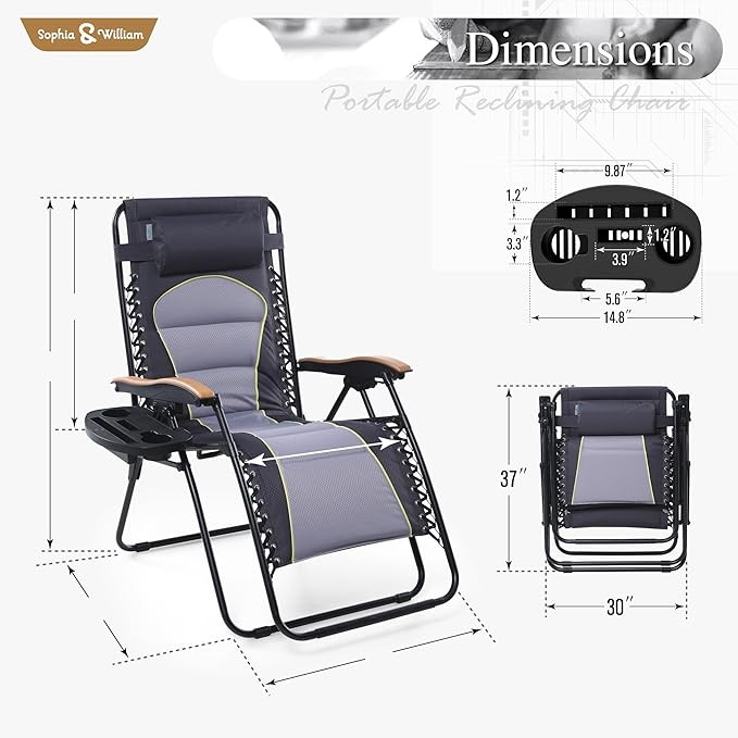 Sophia & William Oversized XXL Zero Gravity Chair Padded Folding Lounge Chair Outdoor Gravity Chair with Cup Holder, Support 400 LBS, Grey