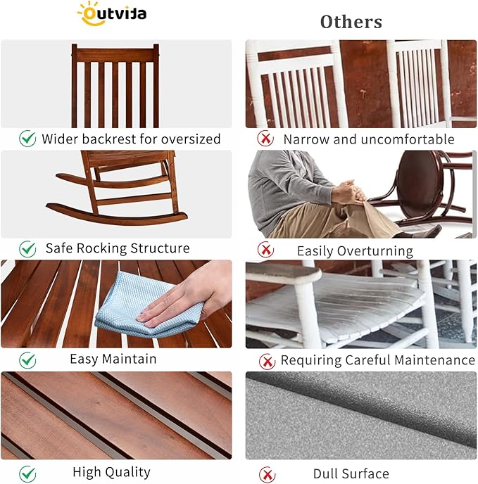 Outvita Outdoor Rocking Chair, Solid Wood High Back Rocker, All Weather Lounge Chair for Porch Patio Fire Pit Garden Backyard Deck Indoor, Natural