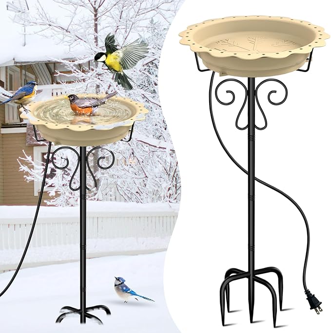 Heated Bird Bath for Outside Winter, Powerful 100W Thermostat Control Heated Bird Baths for Outdoors with 5-Prong Metal Stake, Heated Birdbath Water Heater for Garden Yard Patio Lawn (Khaki)