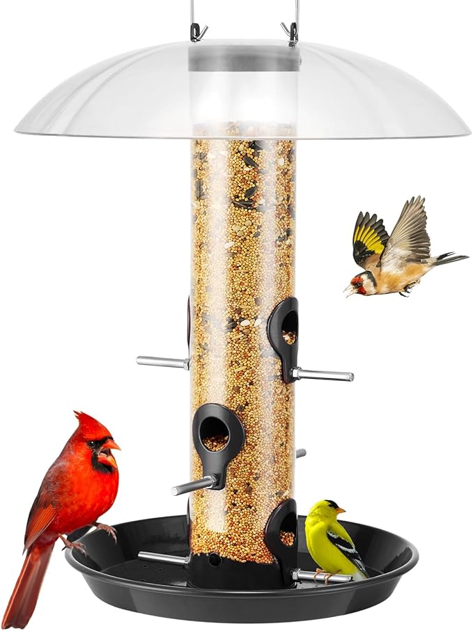 Kingsyard Metal Bird Feeders for Outdoors Hanging, Wild Bird Feeder with Large 11.5" Protective Dome and 8" Removable Tray, 3 lb Seeds Capacity (Black)