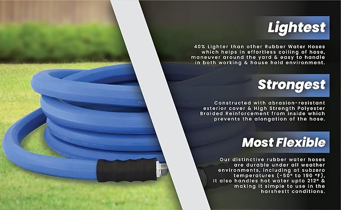 AG-LITE BSAL5850 5/8" x 50' Hot/Cold Water Rubber Garden Hose, 100% Rubber, Ultra-Light, Super Strong, 500 PSI, 50F to 190F Degrees, High Strength Polyester Braided