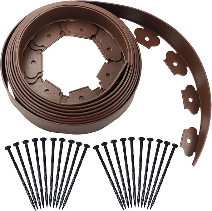 20 Ft Landscape Edging Kit, Brown Garden Border with 20 Plastic Stakes, Landscaping Roll for Flower Bed Lawn Driveway Yard