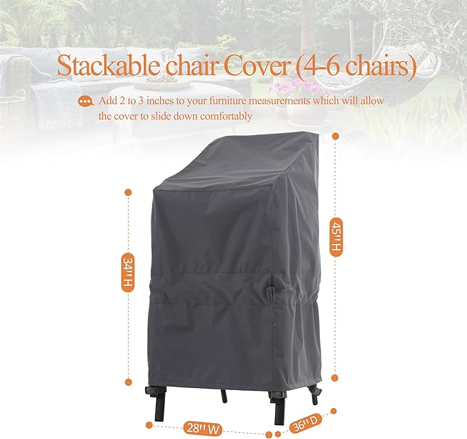 WJ-X3 Stackable Patio Chair Cover, Heavy Duty, Wind Resistant and Waterproof Outdoor Lawn Chair Covers, 28W x 36D x 45H, (4-6 Stacked Chairs), Grey,1-Pack