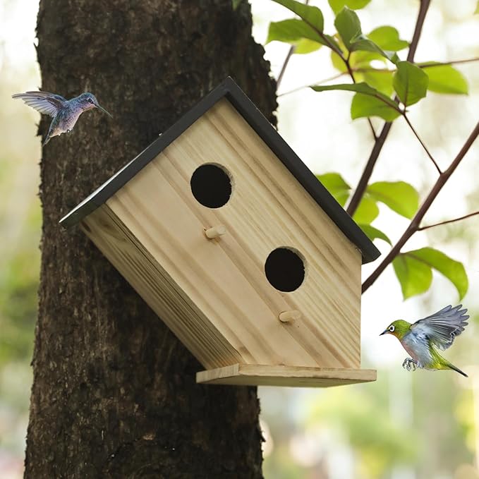 Bird House for Outside-Wren Bird House for Outdoor-Wooden Birdhouse for Outdoors Hanging Bluebird House for Cardinals for Garden Viewing -2 Hole (Wooden, 1)