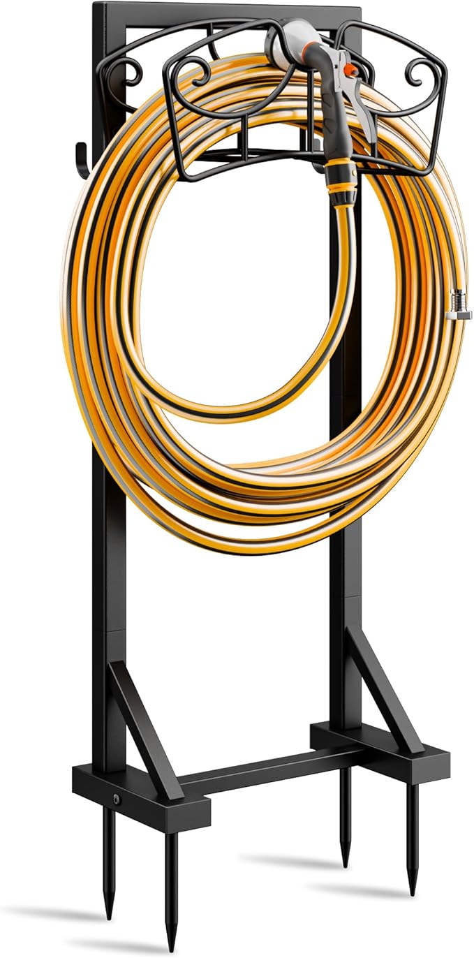 Garden Hose Holder Stand, Freestanding Metal Water Hose Storage Rack with Hooks for Outside Yard Lawn, Heavy Duty