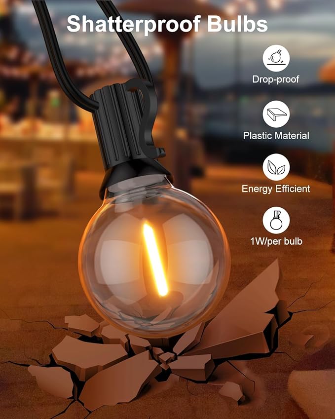 GLUROO 200FT(100FT*2PC) Outdoor String Lights, G40 LED Patio Lights with 100+4 Bulbs, Waterproof Shatterproof Dimmable Globe Hanging Outdoor Patio Lights Cafe, Bistro Outside Lights for Patio