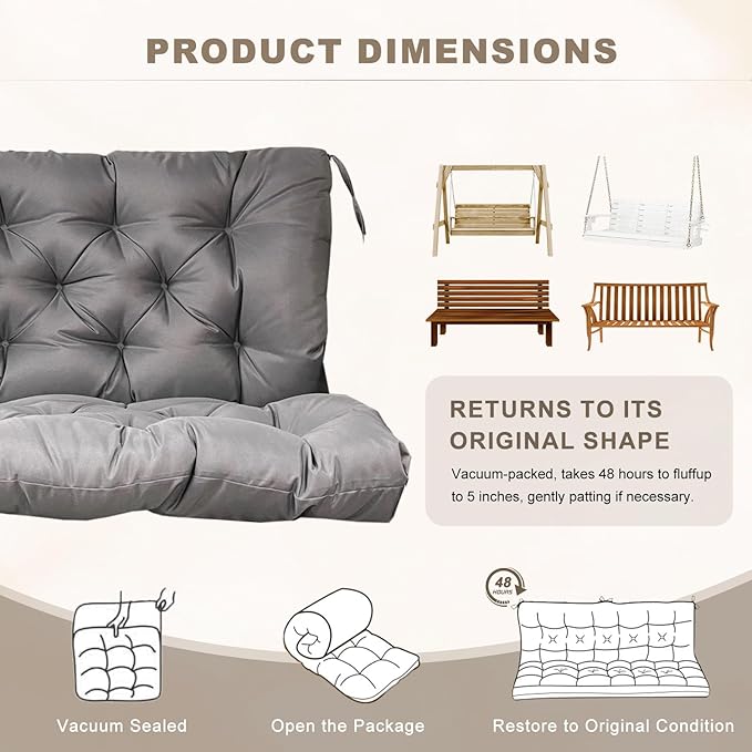 Porch Swing Cushion with Backrest,Waterproof Bench Cushion for Outdoor Furniture,2-3 Seater Replacement Thickened Swing Cushion with Ties,Patio,Outdoor,Backyard and Garden (Dark Gray,40x40)