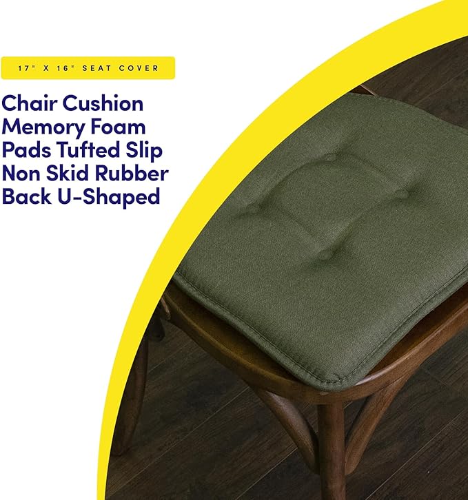Sweet Home Collection Chair Cushion Memory Foam Pads Tufted Slip Non Skid Rubber Back U-Shaped 17" x 16" Seat Cover, 12 Count (Pack of 1), Army Green
