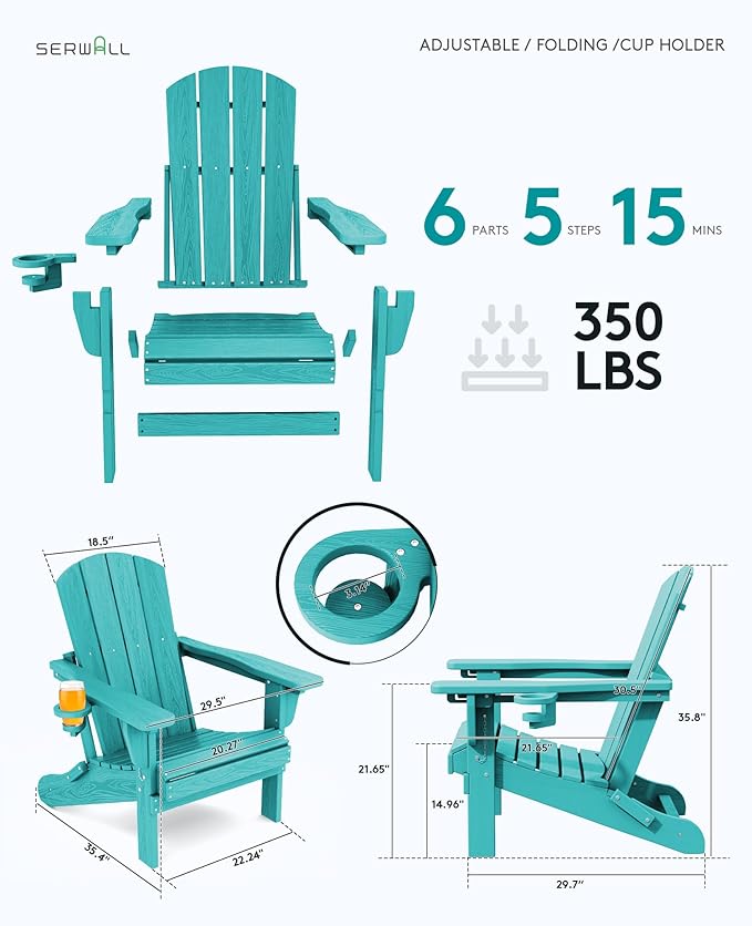 SERWALL Folding Adirondack Chair Set of 2, Adjustable Adirondack Chair with 3 Recline Positions, All Weather HDPE Outdoor Adirondack with Cup Holders, Aruba