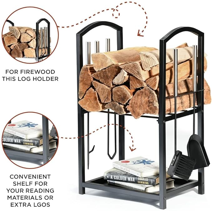 HOME IT Firewood Rack Indoor Outdoor - 2-Tier Firewood Holder with Fireplace Tools Set, Brush, Shovel, Poker, Tongs - Waterproof Steel Pipe Log Holder, Black Stove Wrought Iron - 17x12x29