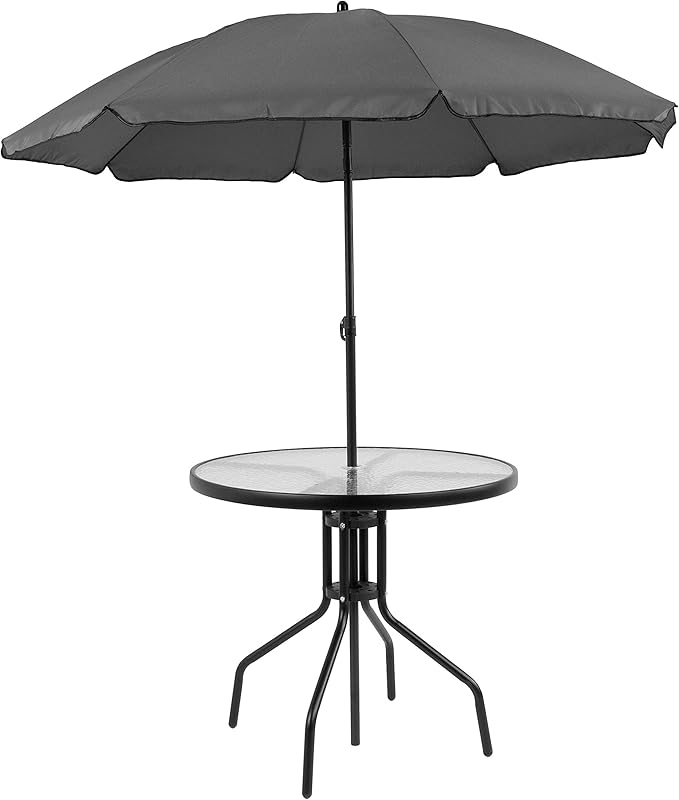 Flash Furniture Nantucket 6-Piece Patio Dining Set with Glass Table, 4 Folding Chairs, and Umbrella, Outdoor Patio Set, Black