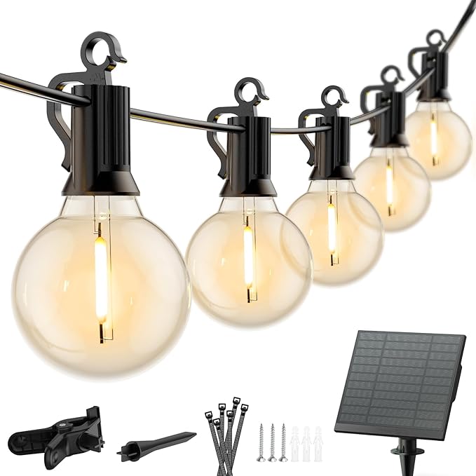 Minetom 75FT Solar String Lights Outdoor with Cable Ties and Hooks, Commercial Waterproof Solar Powered Patio Lights with 35 LED Shatterproof Bulbs, Hanging Light for Outside Backyard Garden Decor