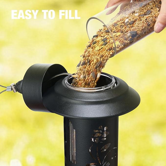 Veehoo Squirrel Proof Bird Feeder for Outdoors, Hanging Wild Bird Feeder Anti Squirrel with Weight-Activated Perches, Metal Cardinal Finch Feeder Outside Decorative for Thistle and Mixed Seed, Black