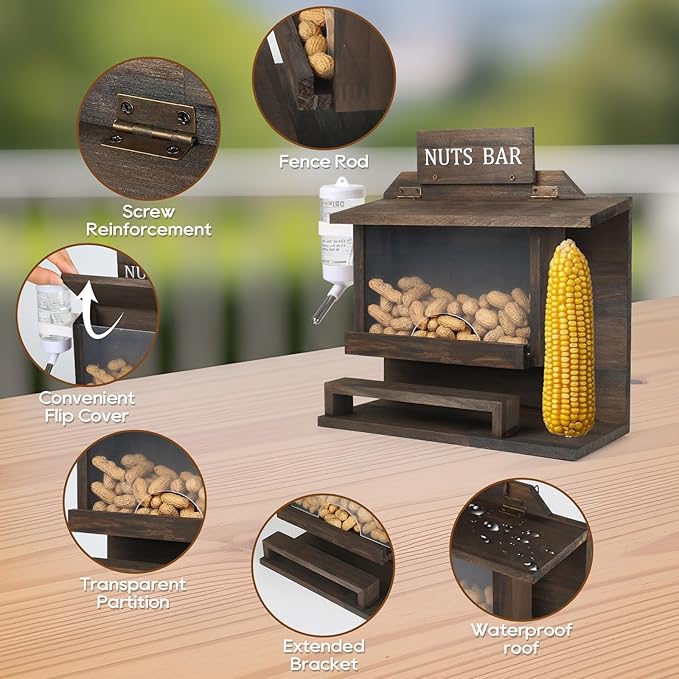 Squirrel Feeders for Outside, Large Carbonized Squirrel Feeder Chipmunk House, Funny Squrrill Nuts Bar, Durable Wooden Squirrel Corn Cob Feeder, No Assembly Required