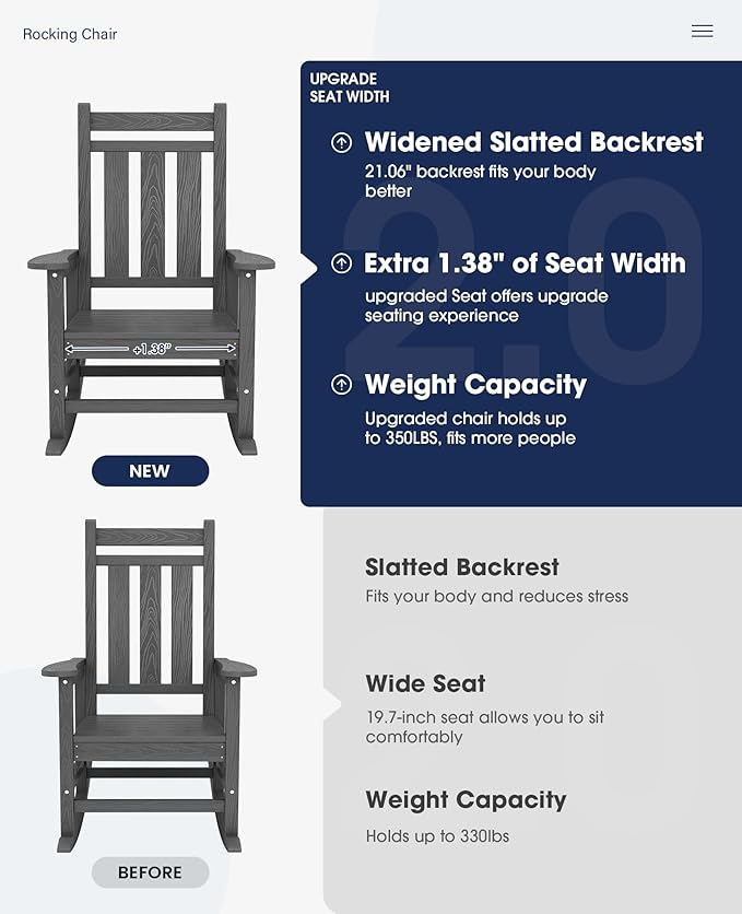 KINGYES Oversized Outdoor Rocking Chair Set of 4, All-Weather Patio Rocking Chairs for Porch, HDPE Outdoor Patio Rockers with High Back & Wide Seat for Garden, Lawn, Gray