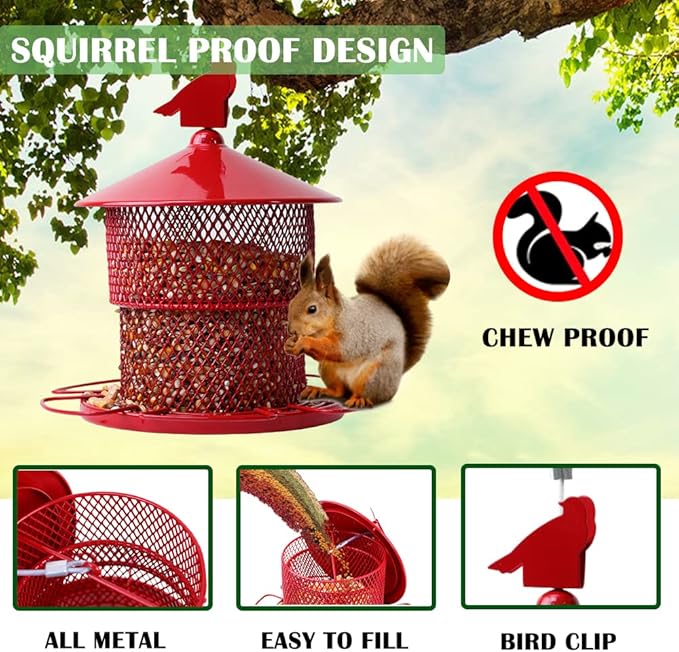 Metal Bird Feeder for Outside Hanging, Bird Feeders Squirrel Proof, 4 Lbs Large Capacity Tube Iron Mesh Wild Birdfeeder for Outdoor Finch Cardinal Chickadees Blue Jay -Red