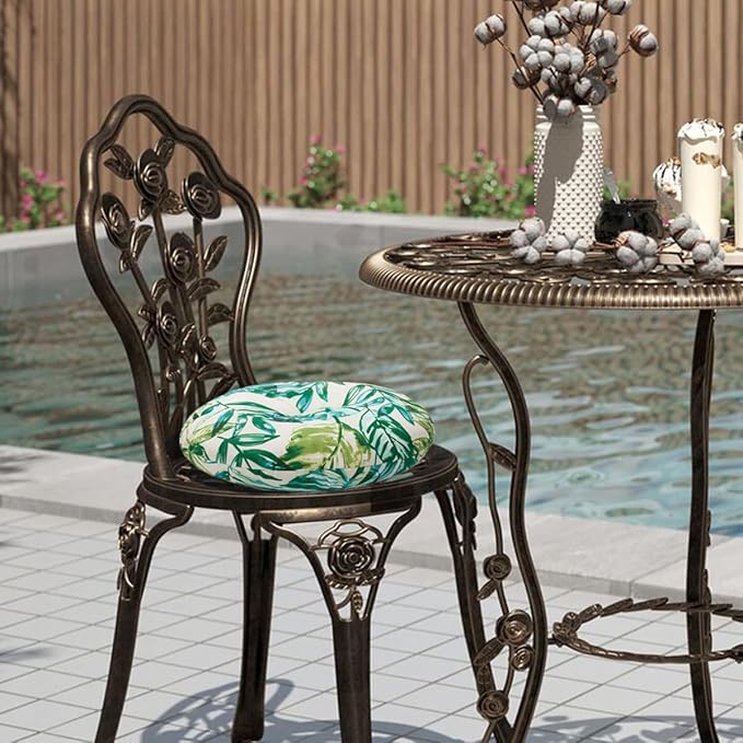 Bistro Chair Cushions 15 inch,Set of 2,Tufted Tropical Round Chair Cushions with Ties,15"x15"x4",Water Resistant Round Seat Cushion for Barstool,Patio Garden Kitchen Outdoor Furniture(Palm Leaf)