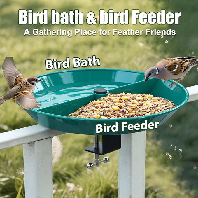Deck Bird Bath for Outdoors,12" Bird Baths with Adjustable Sturdy Metal Clamp for Deck Railing Balcony Yard Garden Decoration,Lightweight, Detachable
