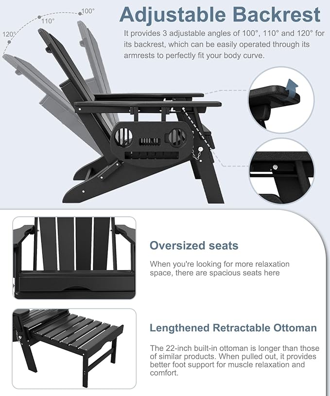 Adjustable Adirondack Chair with Retractable Ottoman Set of 8, HDPE Folding Adirondack Chair with Cup Holder, All Weather Fire Pit Chair for Outdoor.