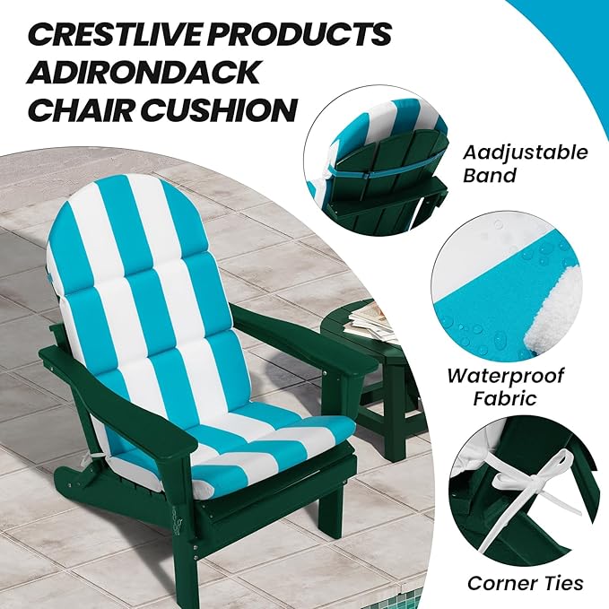 Crestlive 50x19.6 Inch Adirondack Chair Cushion, Water Repellent, Fade Resistant, High Back Outdoor Rocking Chair Cushion for Patio, Blue Stripe
