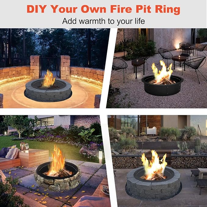 Koutemie Outdoor Smokeless Fire Pit Ring Liner 43-Inch Outer/39-Inch Inner Diameter, Heavy Duty Solid Metal Steel Round Firepit Rim Insert for Outside DIY Campfire Ring Above or In-Ground, Black