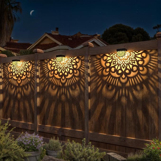 6 Pack Solar Fence Lights Outdoor Wall Lights Plastic Solar Powered Deck Step Stair Lights Moon Theme Waterproof Fence Solar Light for Garden Post Patio Backyard Yard Decor (Black, 6 Pack)