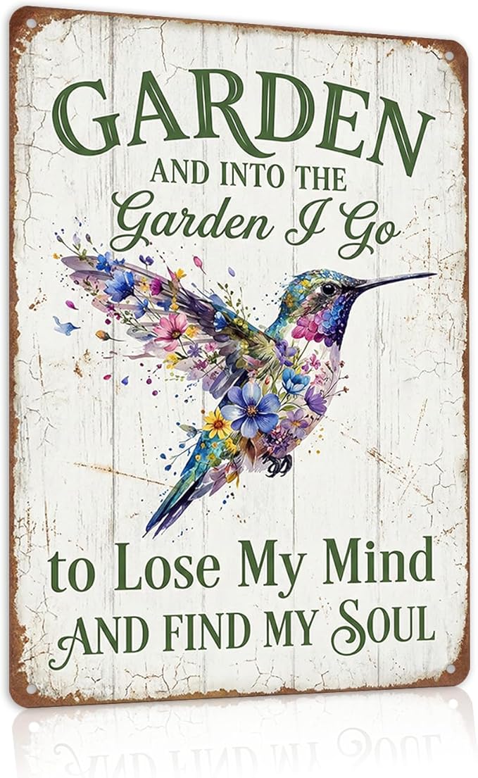 Vintage Hummingbird Garden Tin Sign - "Into The Garden I Go" Inspirational Quote - 8x12 Aluminum Floral Bird Wall Art - Rustic Farmhouse Patio Decor - Metal Sign Perfect Gardening Gift for Shed, Mom, Grandma
