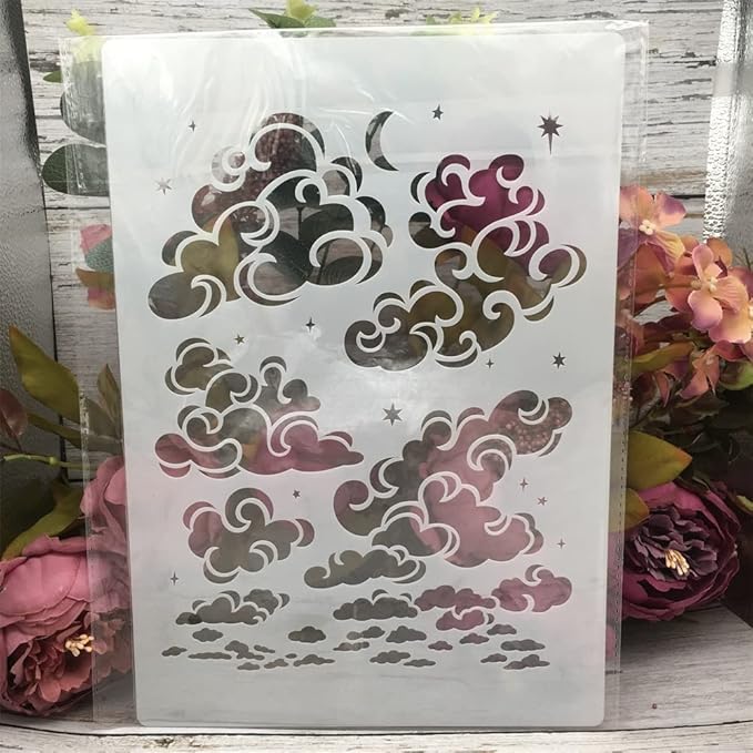 TIAMECH A4 Reusable Cloud Stencil for Painting - Star Moon on Sky Layering Template, DIY Wall Art, Wood Furniture, Scrapbook & Crafts (8.3x11.7inch)
