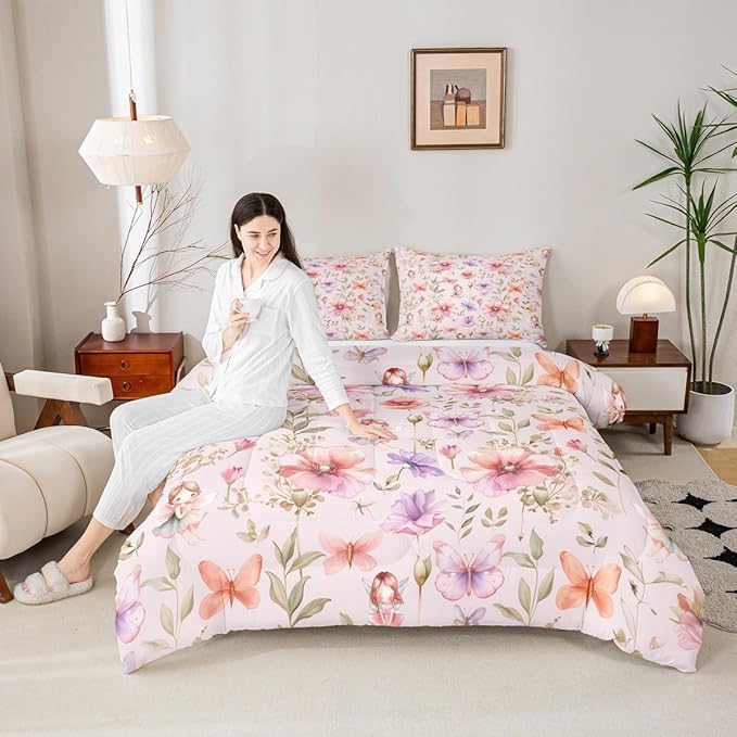 Erosebridal Fairy & Floral Queen Comforter Set - Butterfly Flower Bedding Sets for Girls Kids, Pink Purple Flowers Garden Bed Set | Whimsical Fairies Room Decor with 2 Pillowcases