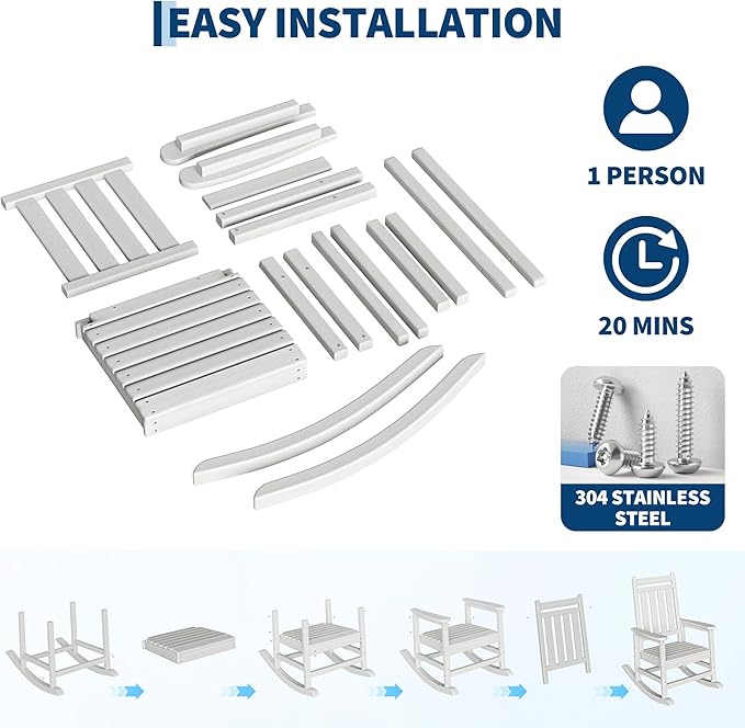 HDPE Rocking Chair Outdoor Set of 4 with 2 Side Table - Poly High Back Porch Rocker Chairs for Adults - All Weather Resistant Furniture for Patio Front Porch - White