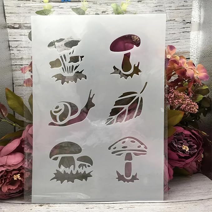 TIAMECH A4 Reusable Snail Mushroom Stencil for Painting - Leaf Layering Template, DIY Wall Art, Wood Furniture, Scrapbook & Crafts (8.3x11.7inch)