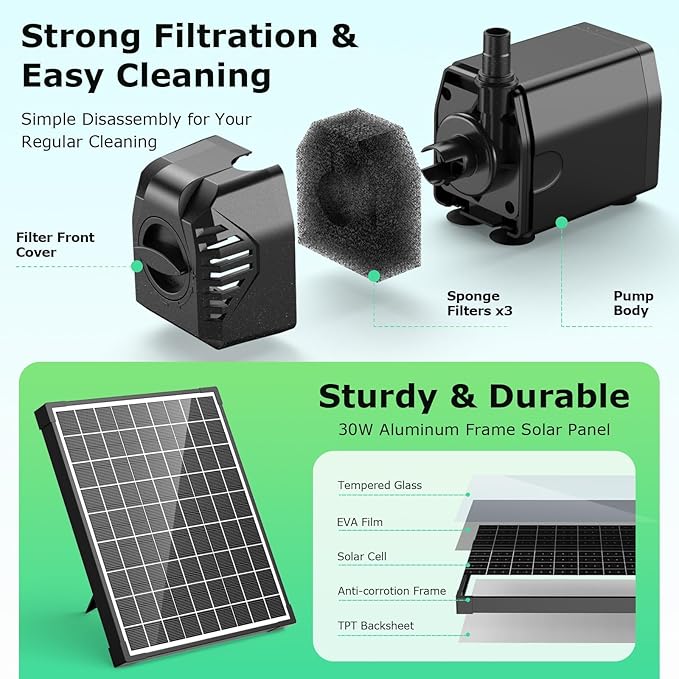 POPOSOAP 30W Solar Fountain Pump, 430GPH Solar Pond Pump with Adjustable Flow, 6.6FT Water Pipe for Outdoor Garden Ponds, Fish Tank, Backyard Water Features