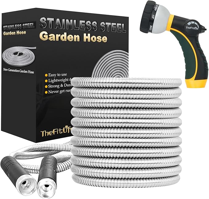 TheFitLife Flexible Metal Garden Hose - Upgrade Leak and Fray Resistant Design, Stainless Steel Water Hose with Solid Fittings and Sprayer Nozzle, Lightweight Kink Free Durable Easy Storage (25 FT)