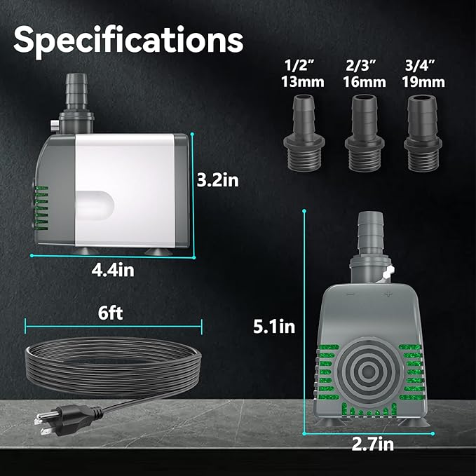 880GPH Submersible Water Pump, Pond Pumps with Over Heating Protection Adjustable Flow Rate Desin 6.5ft High Lift for Fountains, Hydroponics, Ponds, Aquariums & More