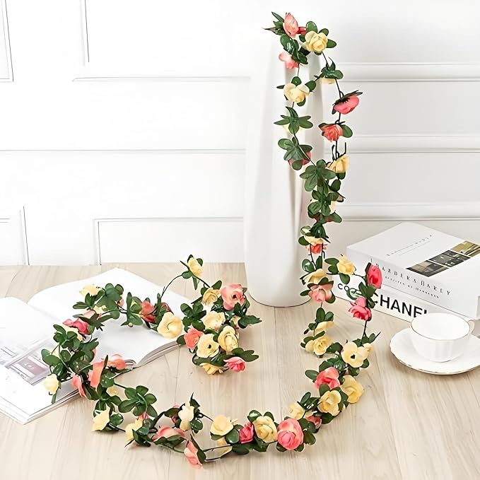3 Pcs 8FT Flower Garland Artificial Flowers for Outdoors Fake Rose Vine Ivy Silk Flowers for Decoration/Anniversary/Wedding Birthday/Christmas/Home Decor/Garden Decor (Sunset Red)