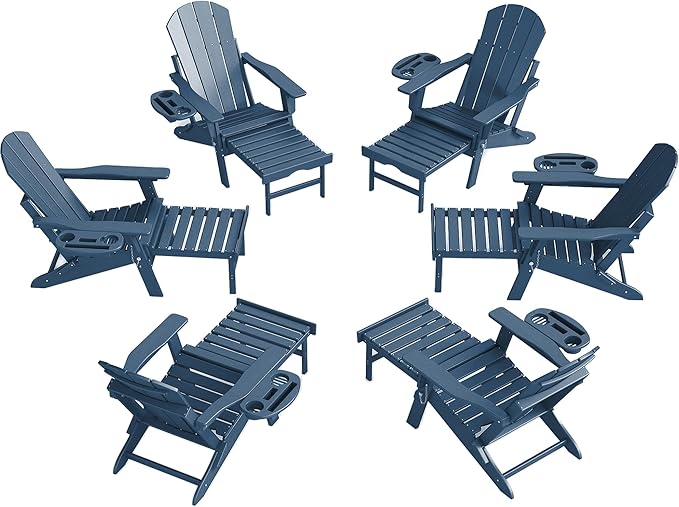Adjustable Adirondack Chair with Retractable Ottoman Set of 6, HDPE Folding Adirondack Chair with Cup Holder, All Weather Fire Pit Chair for Outdoor.