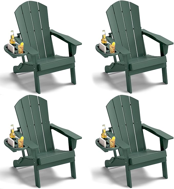 Adirondack Chair Set of 4, HDPE Folding Adirondack Chair with Multifunctional Cup Holder, Weather Resistant Fire Pit Chair for porches, patios, poolsides, Decks.