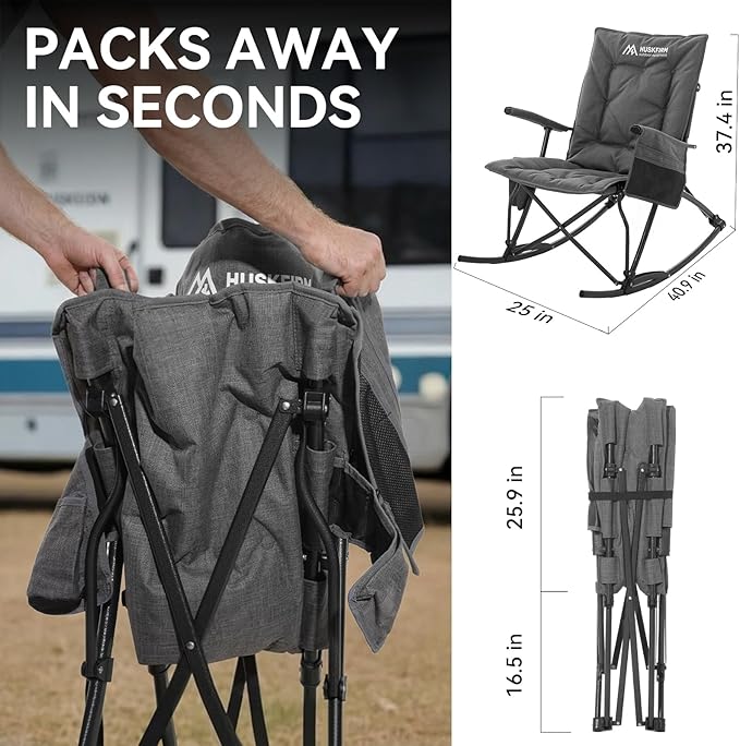 Oversized Rocking Camping Chair Folding Rocking Chair with High Back Padded Outdoor Rocking Chair Heavy Duty Portable Rocker Chair for Camping, Lawn and Patio, Supports Up to 400 lbs, Grey